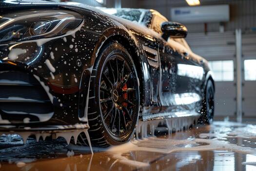 a black car is cleaned with soapy water at a modern car wash car wash car detailing photo